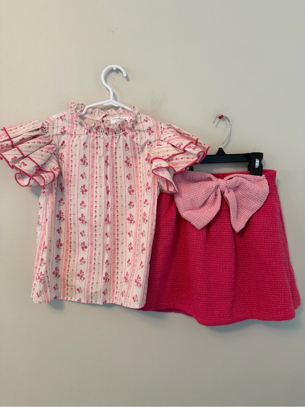 Shop the Mint Pink Floral Ruffle Sleeve Top & Hot Pink Skirt Set